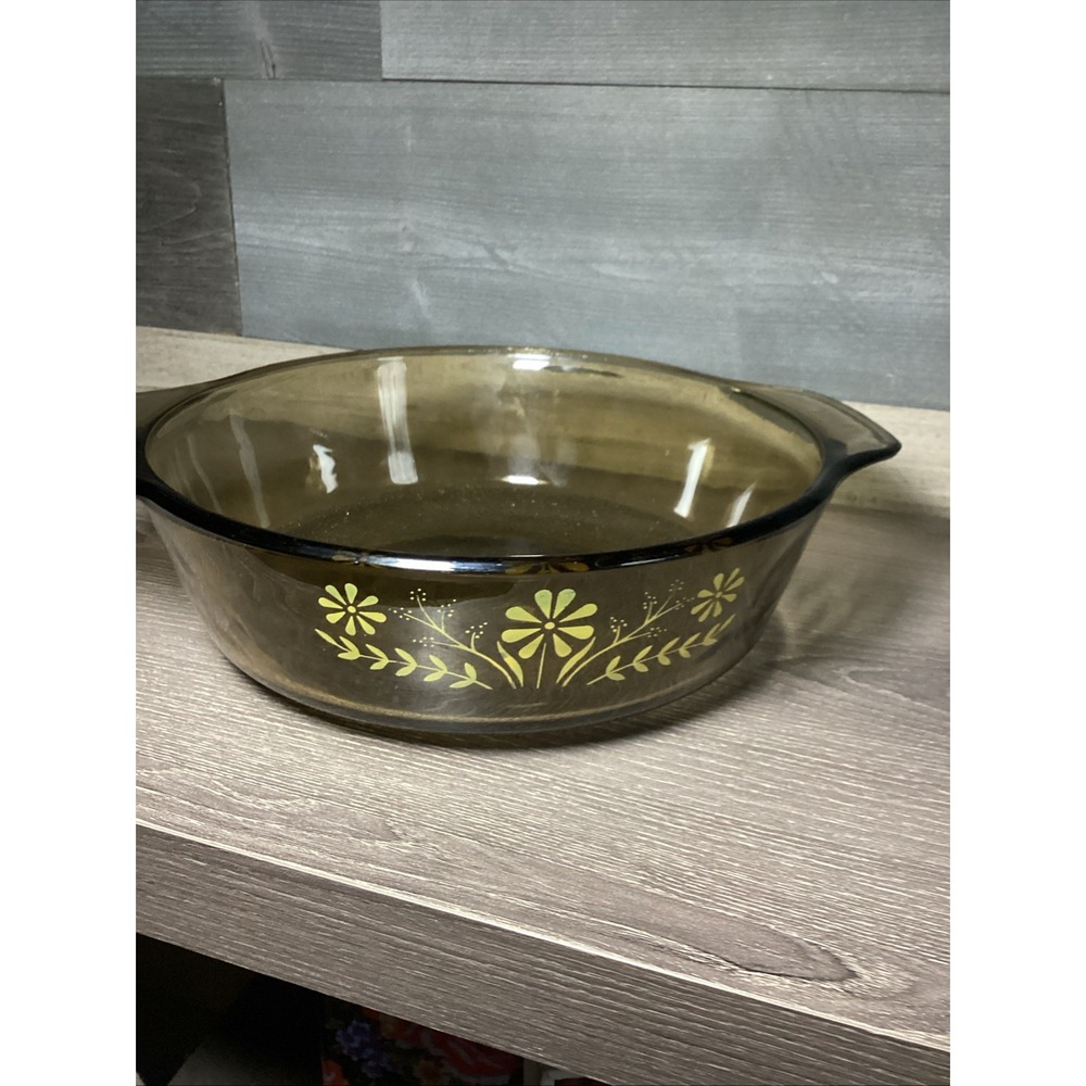 Vintage Glasbake Smoked Amber Glass Round Casserole Dish Yellow Daisies 1970s